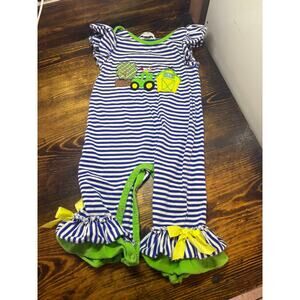 Marie Nicole Blue And White Stripe Farm Tractor One Piece Size 6-12 Months
